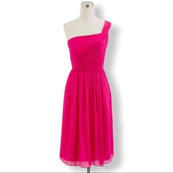 J Crew Lucienne One Shoulder Hot Pink Silk Chiffon Dress NWT size 8 Petite - Picture 1 of 11